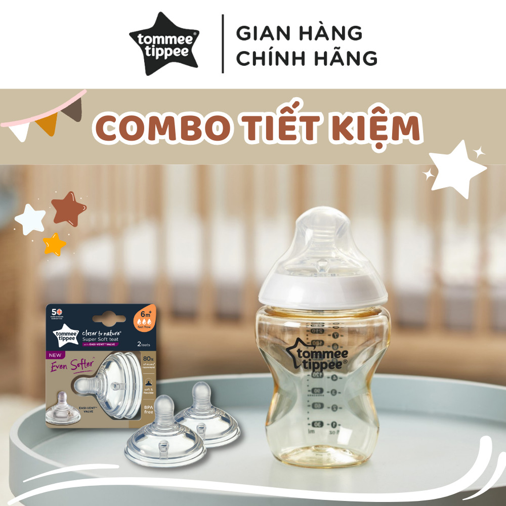 COMBO bình sữa PPSU ty siêu mềm tự nhiên Tommee Tippee Closer to Nature 260ml & Núm ty silicon thay thế 6M+