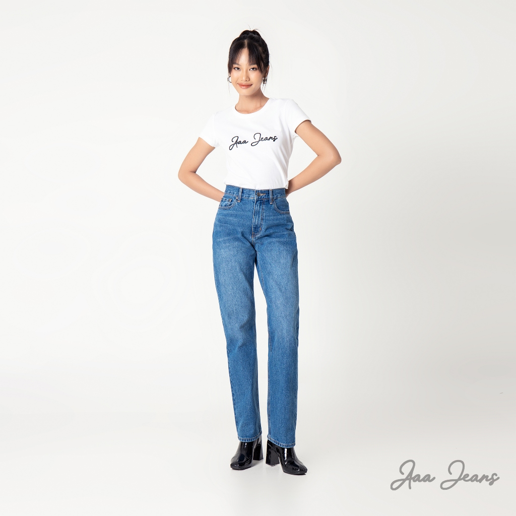 Quần jean nữ ống đứng slim fit lưng cao Aaa Jeans True Blue