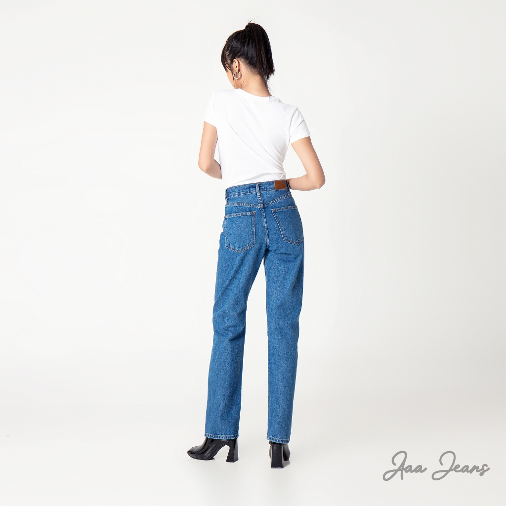 Quần jean nữ ống đứng slim fit lưng cao Aaa Jeans True Blue