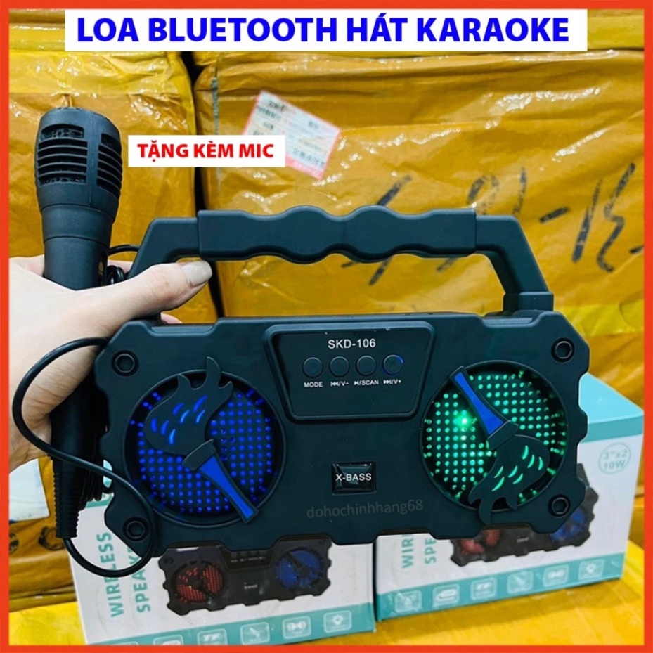 Loa bluetooth karaoke mini SKD 106 âm thanh chuẩn speaker có đèn led tặng kèm  mic hát karaoke