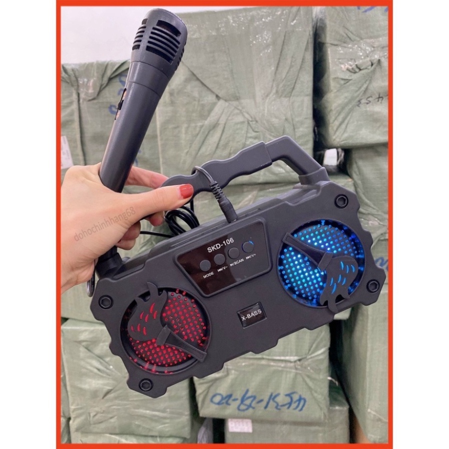 Loa bluetooth karaoke mini SKD 106 âm thanh chuẩn speaker có đèn led tặng kèm  mic hát karaoke