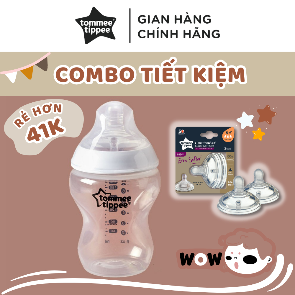 COMBO Bình sữa ty siêu mềm tự nhiên Tommee Tippee Closer to Nature 260ml & Núm ty silicon thay thế 6M+