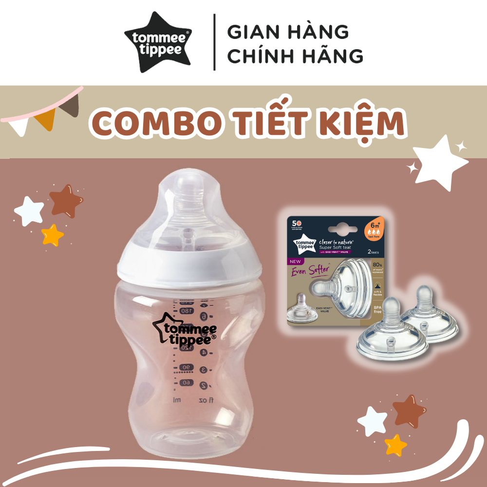 COMBO Bình sữa ty siêu mềm tự nhiên Tommee Tippee Closer to Nature 260ml & Núm ty silicon thay thế 6M+