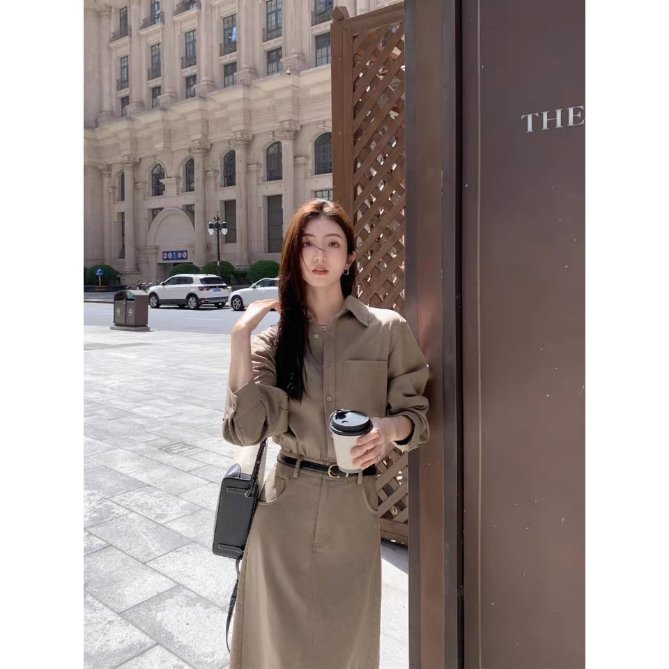 Váy dài Aly suông dáng dài cổ áo sơ mi , đầm dài liền thân chất liệu Kaki