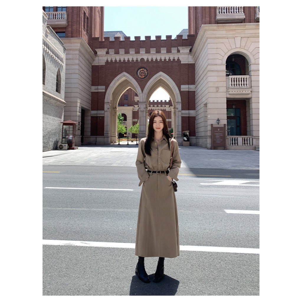 Váy dài Aly suông dáng dài cổ áo sơ mi , đầm dài liền thân chất liệu Kaki