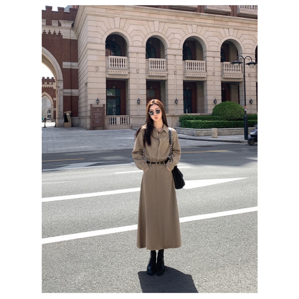 Váy dài Aly suông dáng dài cổ áo sơ mi , đầm dài liền thân chất liệu Kaki