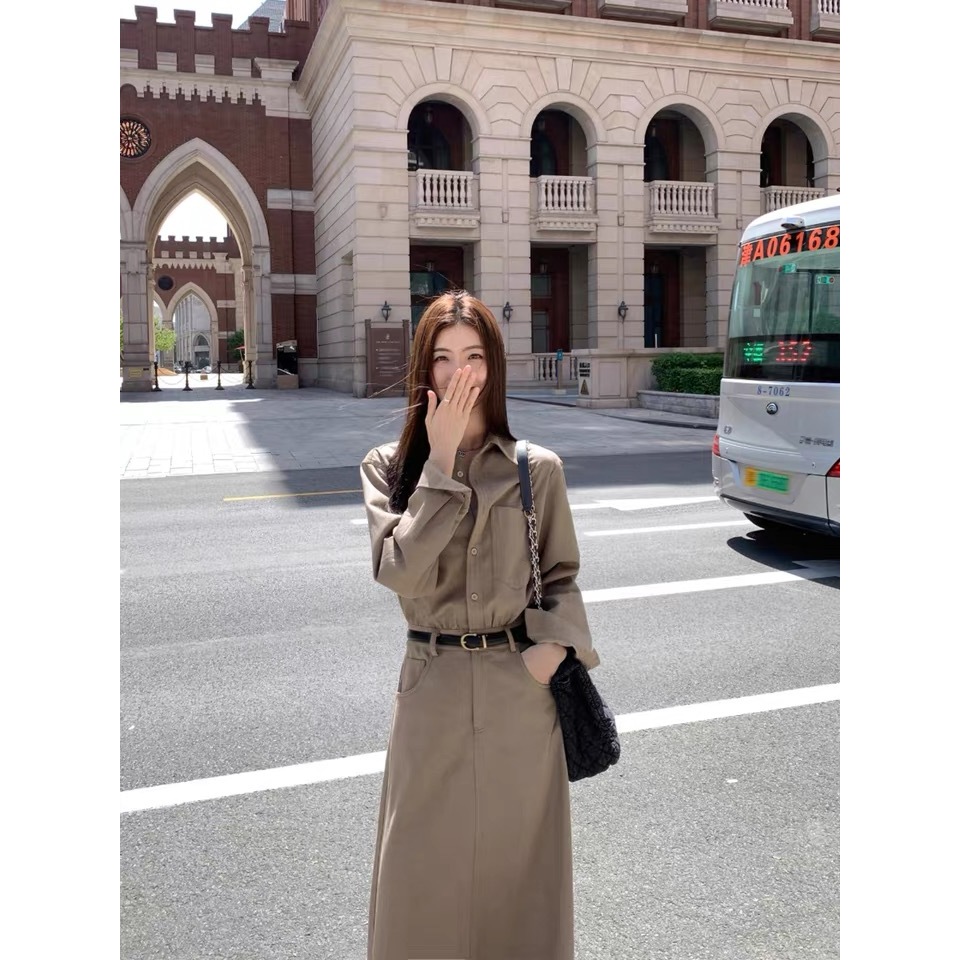 Váy dài Aly suông dáng dài cổ áo sơ mi , đầm dài liền thân chất liệu Kaki