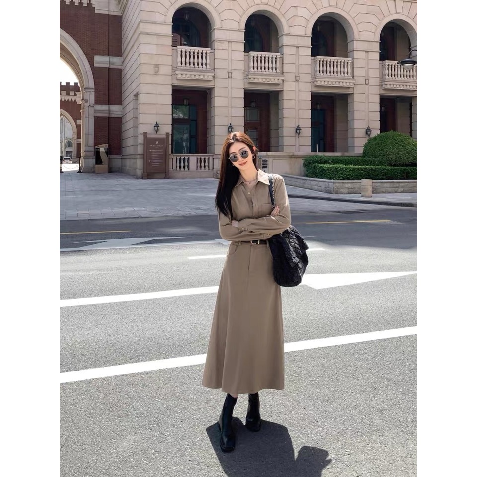 Váy dài Aly suông dáng dài cổ áo sơ mi , đầm dài liền thân chất liệu Kaki