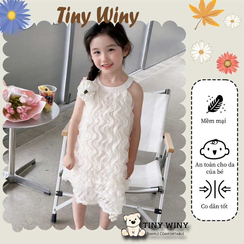 V83 - Váy Tơ sóng Cổ Yếm thêu Nơ lưng 2 màu cho Mẹ và Bé Gái - Tiny Winy
