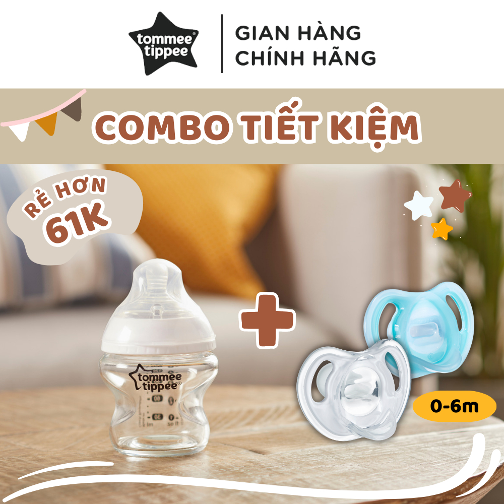 COMBO Ty ngậm silicon siêu nhẹ Tommee Tippee Ultra Light & Bình sữa thủy tinh Tommee Tippee Close to Nature 150ml