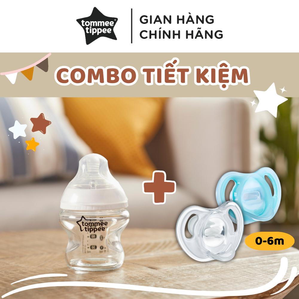 COMBO Ty ngậm silicon siêu nhẹ Tommee Tippee Ultra Light & Bình sữa thủy tinh Tommee Tippee Close to Nature 150ml