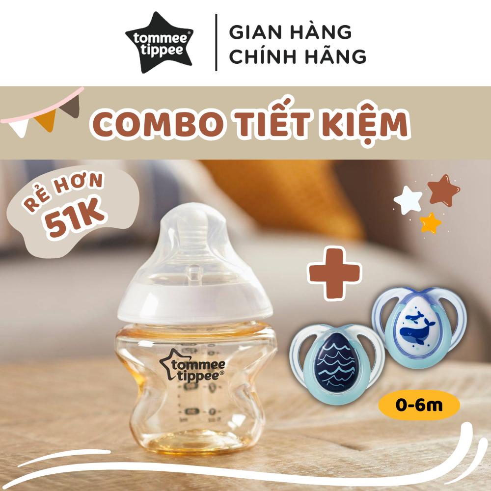 COMBO Ty ngậm dạ quang Tommee Tippee Night Time & Bình sữa PPSU ty siêu mềm Tommee Tippee Closer to Nature 150ml