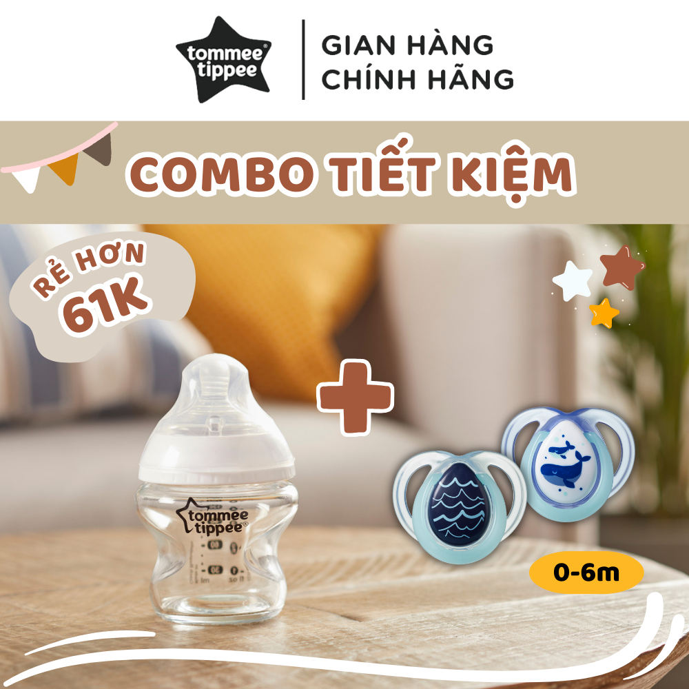 COMBO Ty ngậm dạ quang Tommee Tippee Night Time & Bình sữa thủy tinh ty siêu mềm Tommee Tippee Closer to Nature 150ml