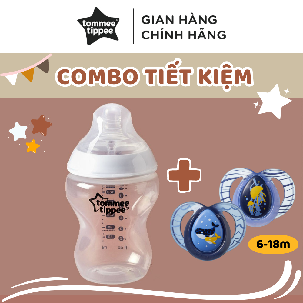 COMBO Ty ngậm dạ quang Tommee Tippee Night Time & Bình sữa ty siêu mềm tự nhiên Tommee Tippee Closer to Nature 260ml