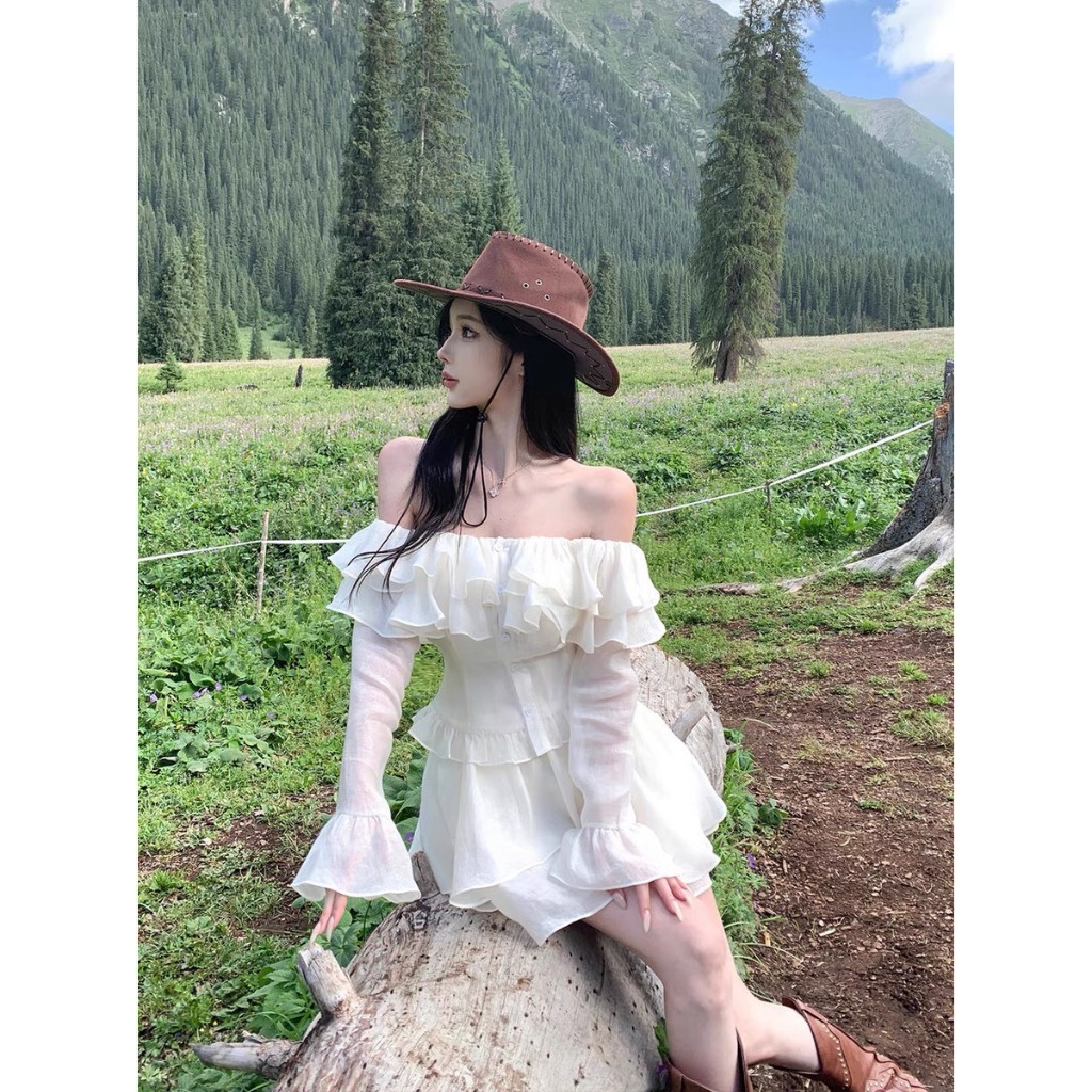 SET ÁO TƠ KEM BÈO TẦNG BẸT VAI CROPTOP + CHÂN VÁY KEM BÈO TẦNG ONEC