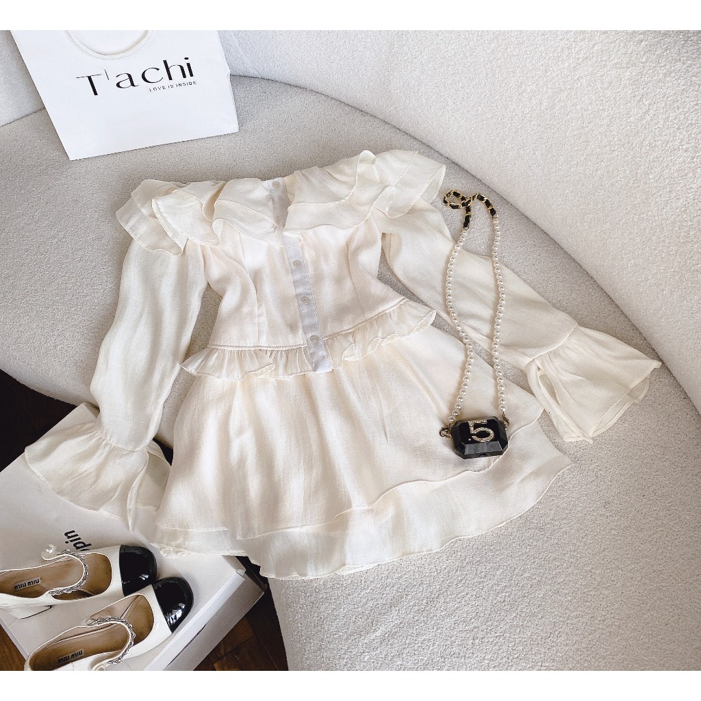 SET ÁO TƠ KEM BÈO TẦNG BẸT VAI CROPTOP + CHÂN VÁY KEM BÈO TẦNG ONEC