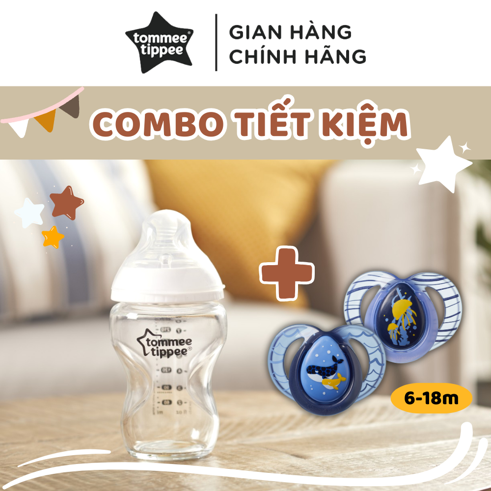 COMBO Ty ngậm dạ quang Tommee Tippee Night Time & Bình sữa thủy tinh ty siêu mềm Tommee Tippee Closer to Nature 250ml