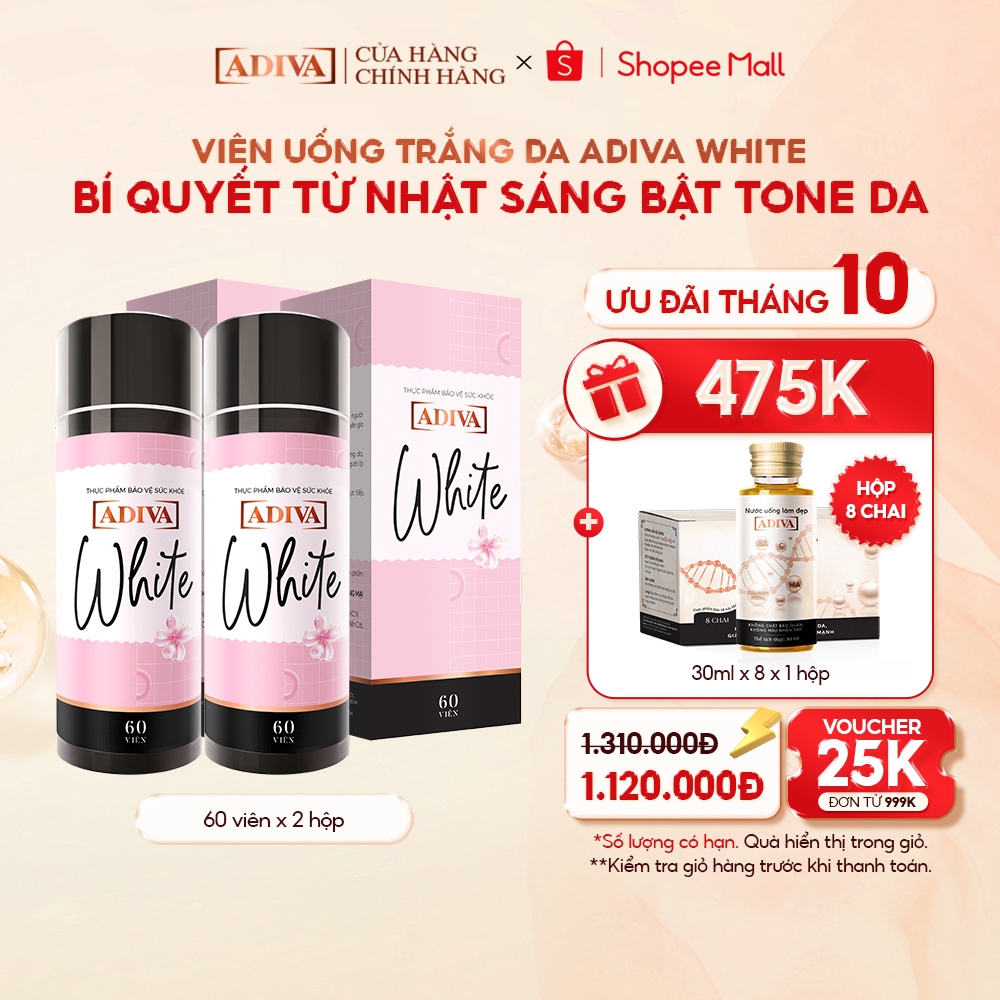 Combo 2 Hộp Viên Uống Trắng Da ADIVA White 60 Viên- Hỗ Trợ Giảm Các Đốm Tối Màu Và Thâm Nám Cho Làn Da