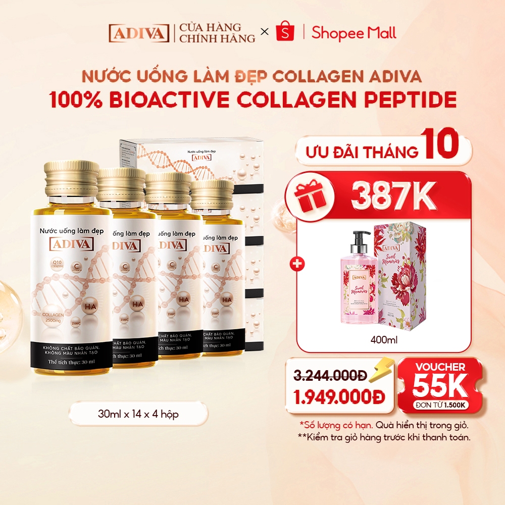 Combo 4 Hộp Nước Uống Làm Đẹp Collagen ADIVA (14 Chai/Hộp)- Giúp Làn Da Săn Chắc, Ảm Mịn Và Căng Bóng