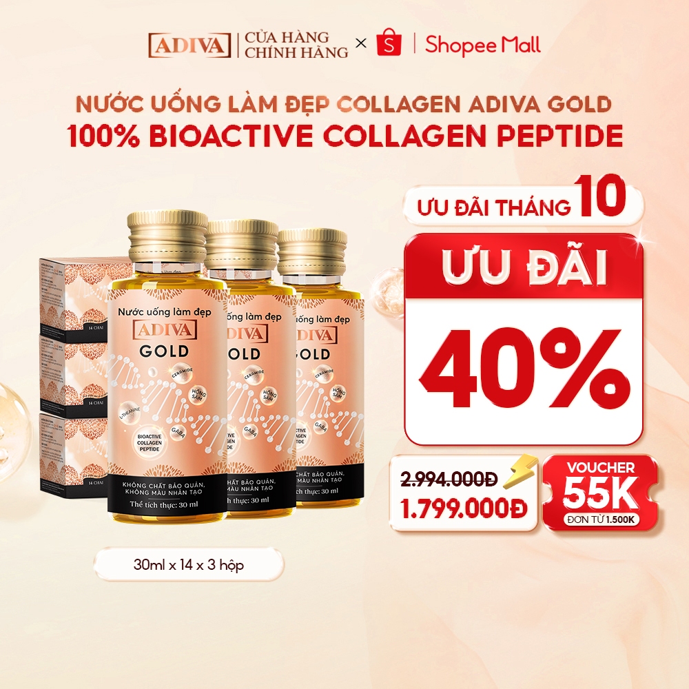 Combo 3 Hộp Nước Uống Làm Đẹp Collagen ADIVA Gold (14 Chai/Hộp)- Giúp Làn Da Căng Mịn, Giảm Nếp Nhăn Và Chống Lão Hóa