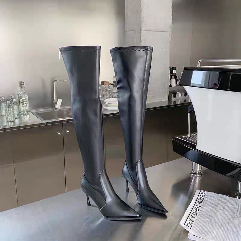 Boot đùi cao cấp da bóng cao 7P mũi nhọn phong cách mới cho nữ 2024