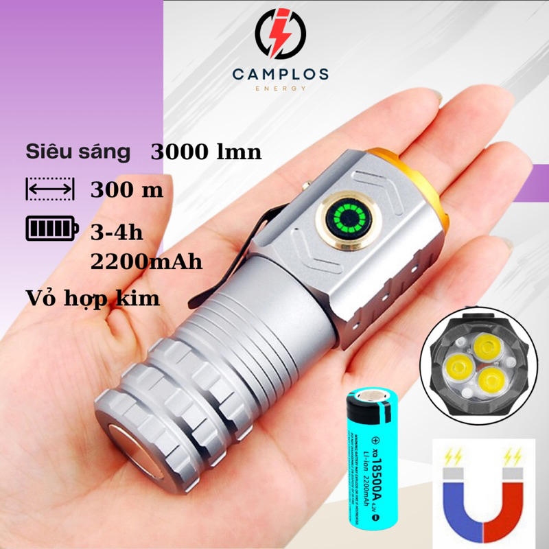 Đèn pin siêu sáng chiếu xa đèn bin mini chiếu xa 3 bóng công suất lớn pin 18500 2200mAh