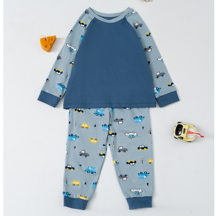Bộ nỉ bé trai dài tay ILABY phối màu in hình ô tô chất liệu dày dặn cho bé 10-35kg