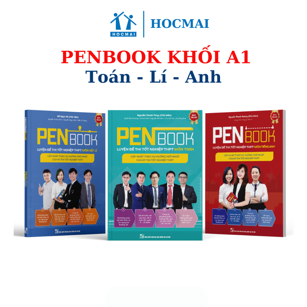 Sách - Combo 3 cuốn PENBOOK Khối A1 – Luyện đề thi tốt nghiệp THPT lớp 12 & Đại Học bản mới 2024 môn Toán, Lí, Tiếng Anh