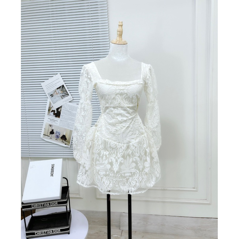 VÁY REN HOA CỔ VUÔNG TAY DÀI DÁNG XOÈ