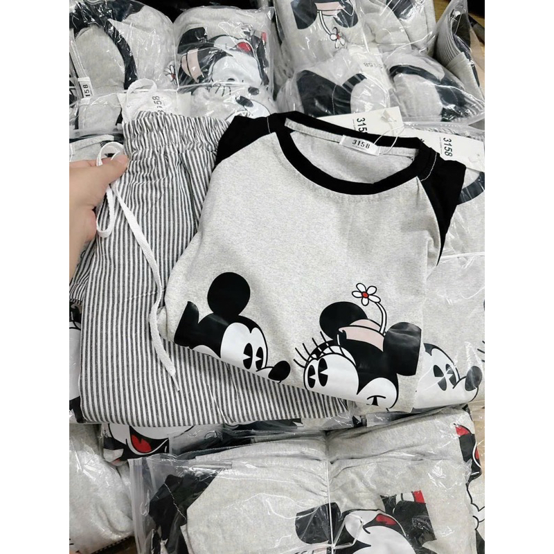 BỘ NỮ TAY DÀI MICKY ĐEN XÁM MIX QUẦN XUÔNG KẺ/ CHẤT COTTONG MỀM MỊN CAO CẤP