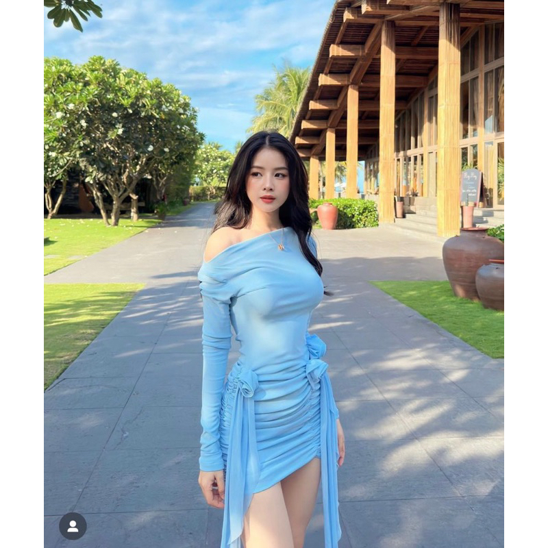 ĐẦM THUN XANH LƯỚI TRỄ VAI KẾT HOA