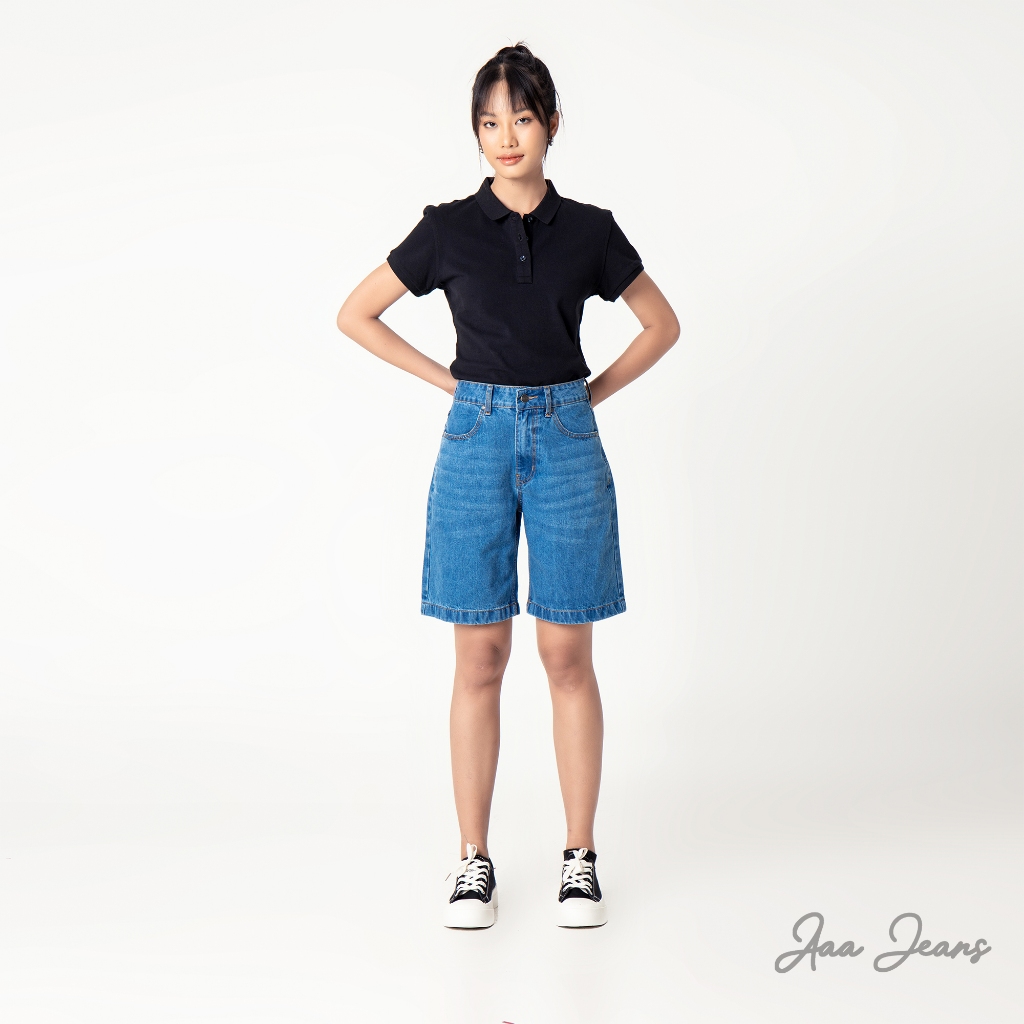 Quần short jean nữ lưng cao ngang gối Aaa Jeans Medium Blue