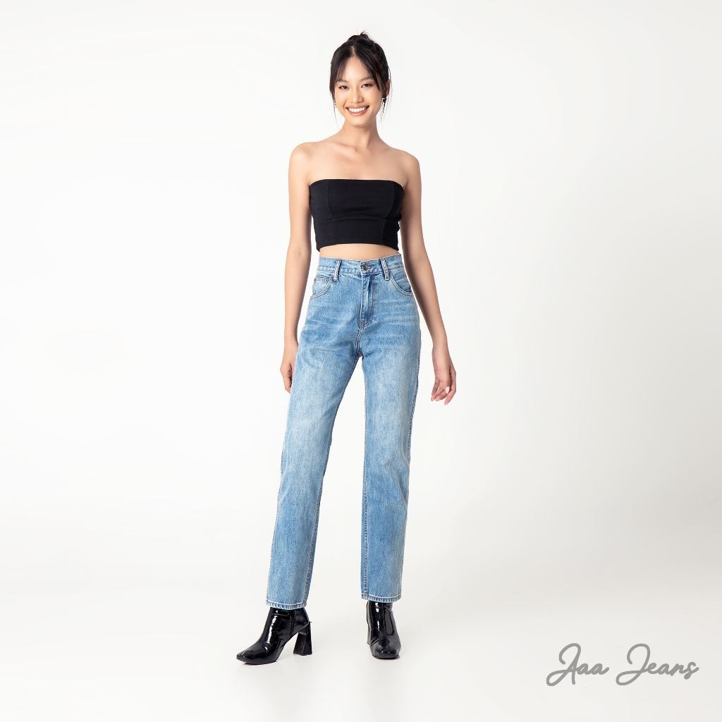 Quần jeans ống đứng nữ lưng cao Aaa Jeans Xanh Sky