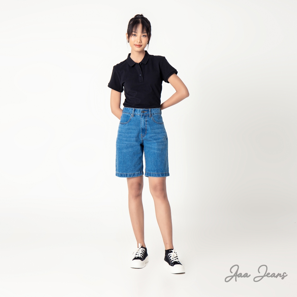 Quần short jean nữ lưng cao ngang gối Aaa Jeans Medium Blue