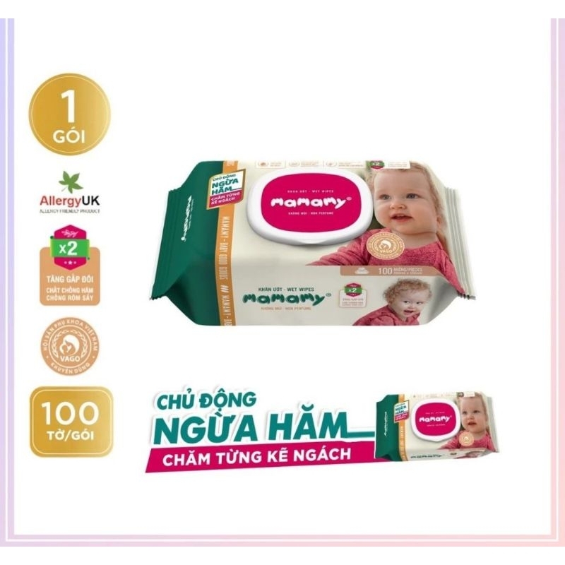 Khăn ướt Mamamy 100 tờ không mùi, ngăn ngừa hăm cho bé