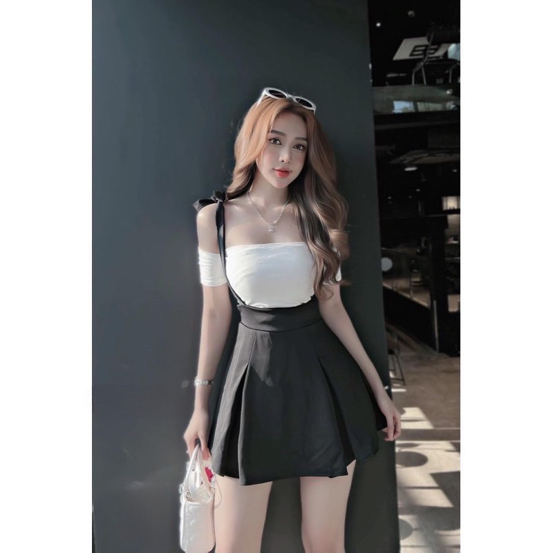 SET Đầm YẾM TUYẾT Mưa Dáng Xoè Xếp Ly Thắt Vai + Áo Trắng Trễ Vai Croptop
