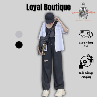 Quần ống rộng nữ LOYAL lưng cao rách gối, quần dài nữ dáng suông cạp cao lên form cực xinh
