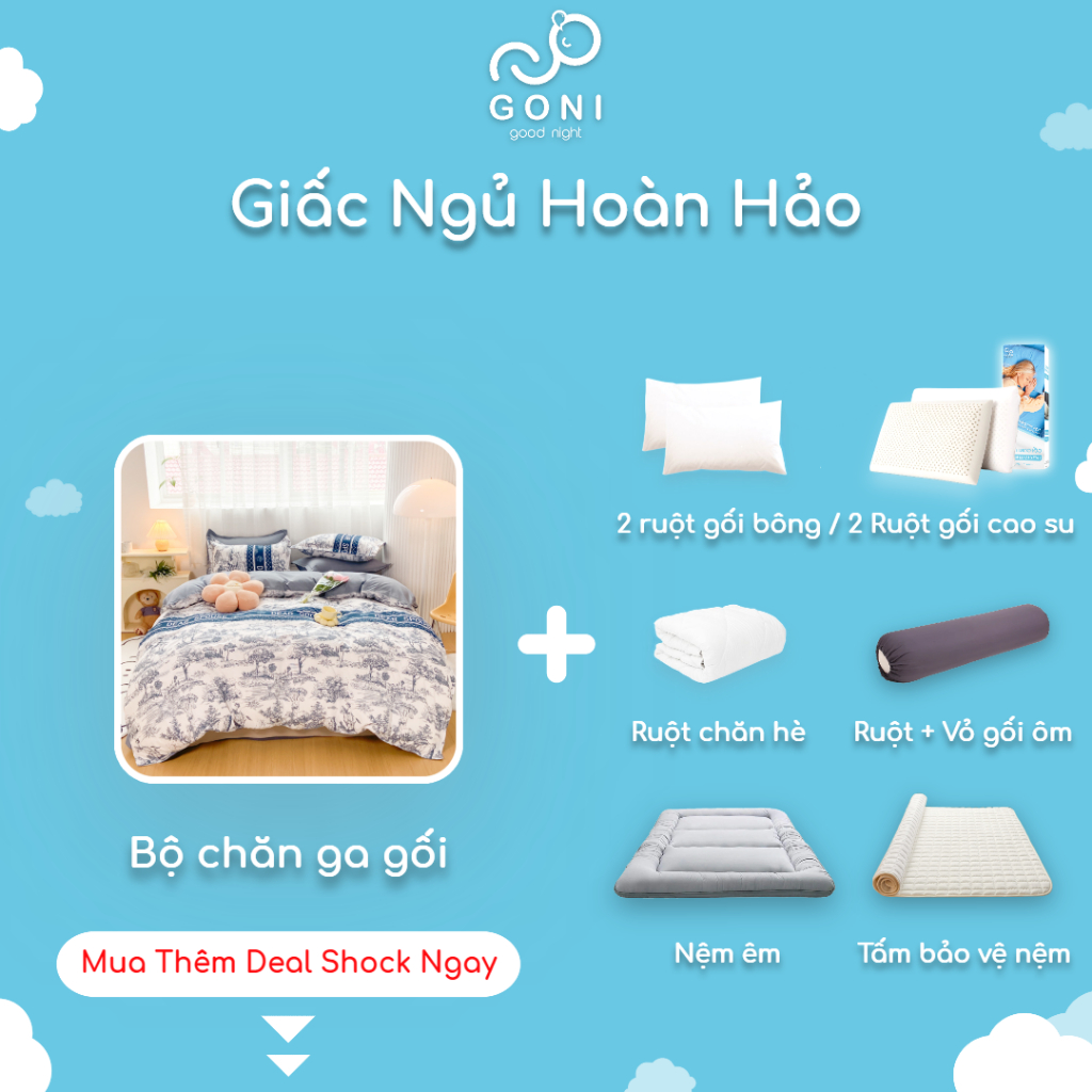 [Mã BMLT30 giảm đến 30K đơn 299K] Bộ Chăn Ga Gối GONI Cotton Tici Hoạ Tiết Dễ Thương Đủ Kích Thước Trải Nệm