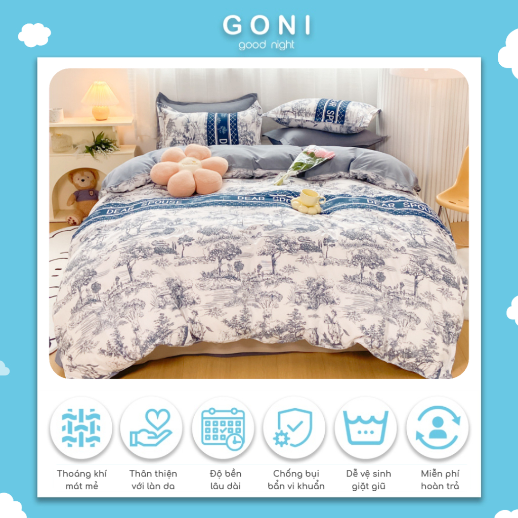 [Mã BMLT30 giảm đến 30K đơn 299K] Bộ Chăn Ga Gối GONI Cotton Tici Hoạ Tiết Dễ Thương Đủ Kích Thước Trải Nệm