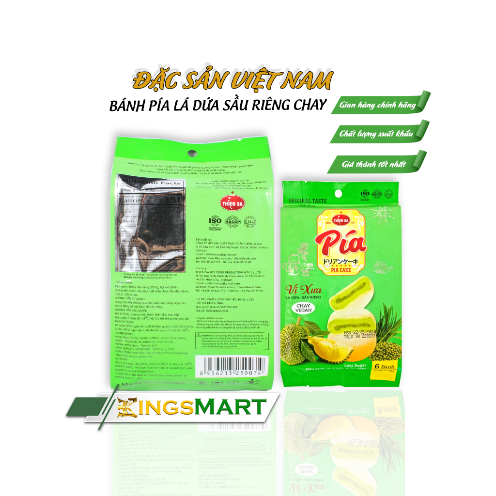Bánh Pía Lá Dứa Sầu Riêng CHAY - Thương hiệu Thiên Sa - Túi 120g/6 bánh - Kingsmart