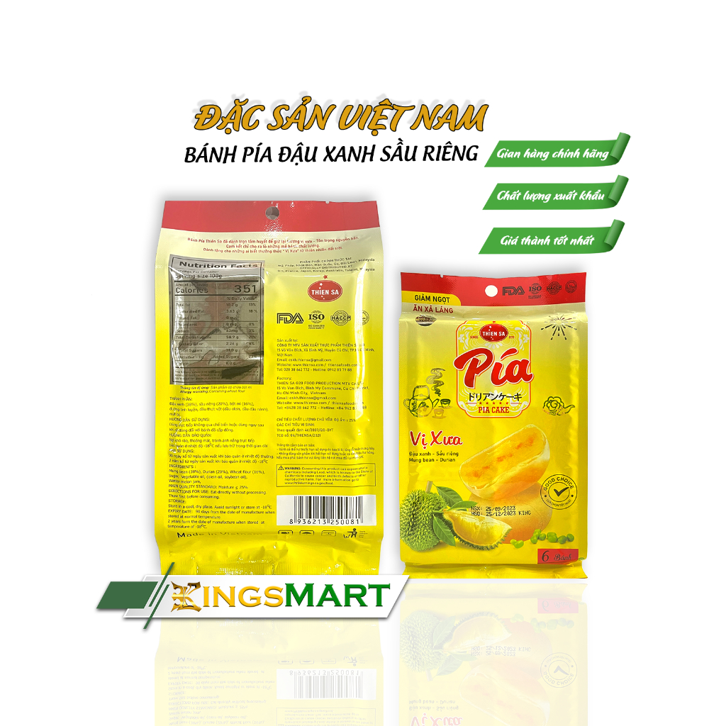 Bánh Pía Đậu Xanh Sầu Riêng Chay - Thương hiệu Thiên Sa - Túi 120g/6 bánh - Kingsmart