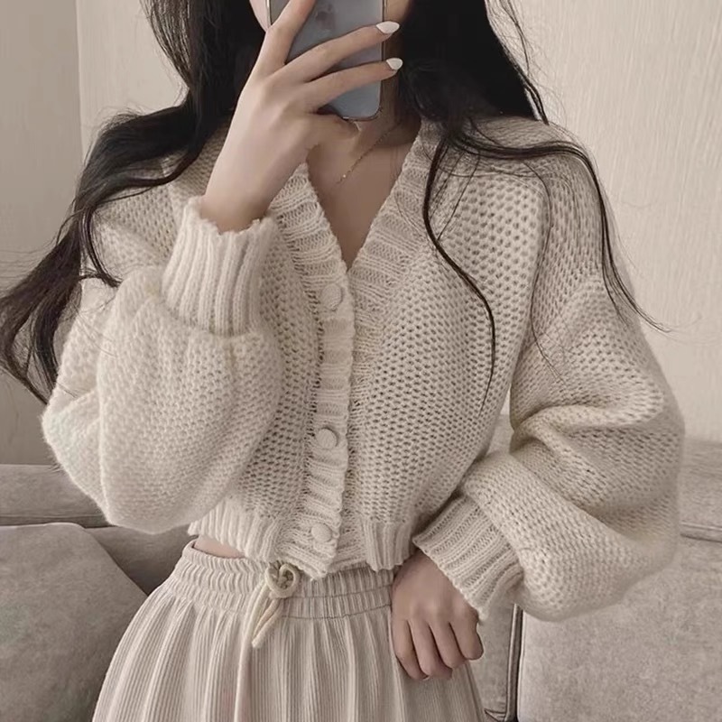 Áo khoác cardigan ngắn tay phồng, áo cardigan len croptop cúc bọc