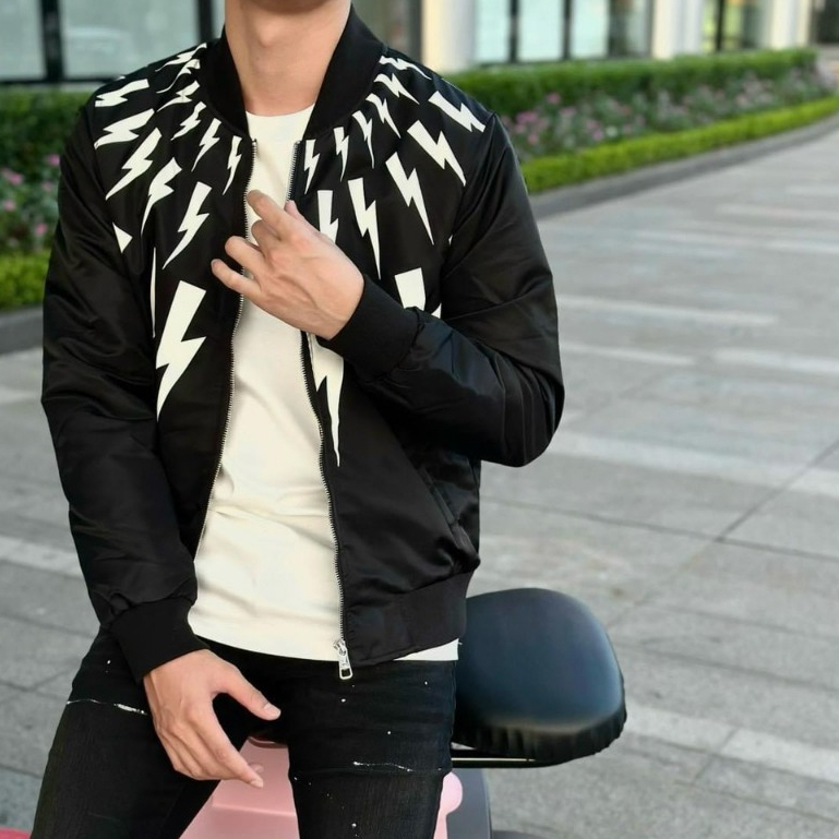 Áo Khoác BomBer gió hoạ tiết tia sét- Áo khoác Nam khoá zip bo gân cực đẹp