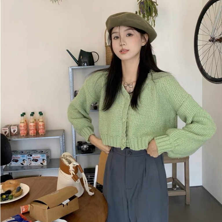 Áo len cardigan croptop tay dài cúc bọc, áo cardigan len dày dặn