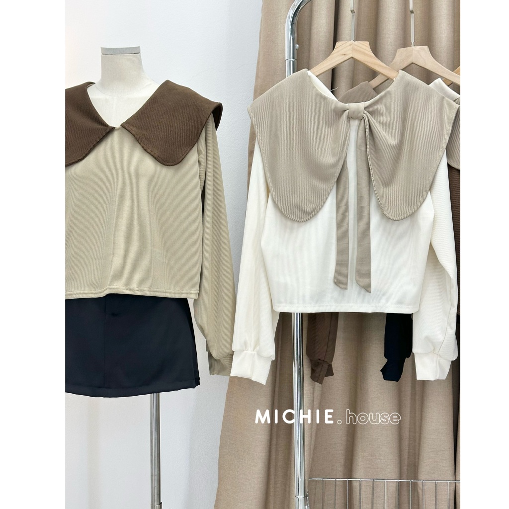 Áo Sơ Mi Dài Tay Cổ Sen Phối Màu Mặc 2 Kiểu michie.house Chất Thun Tăm Trơn Thu Đông - A345