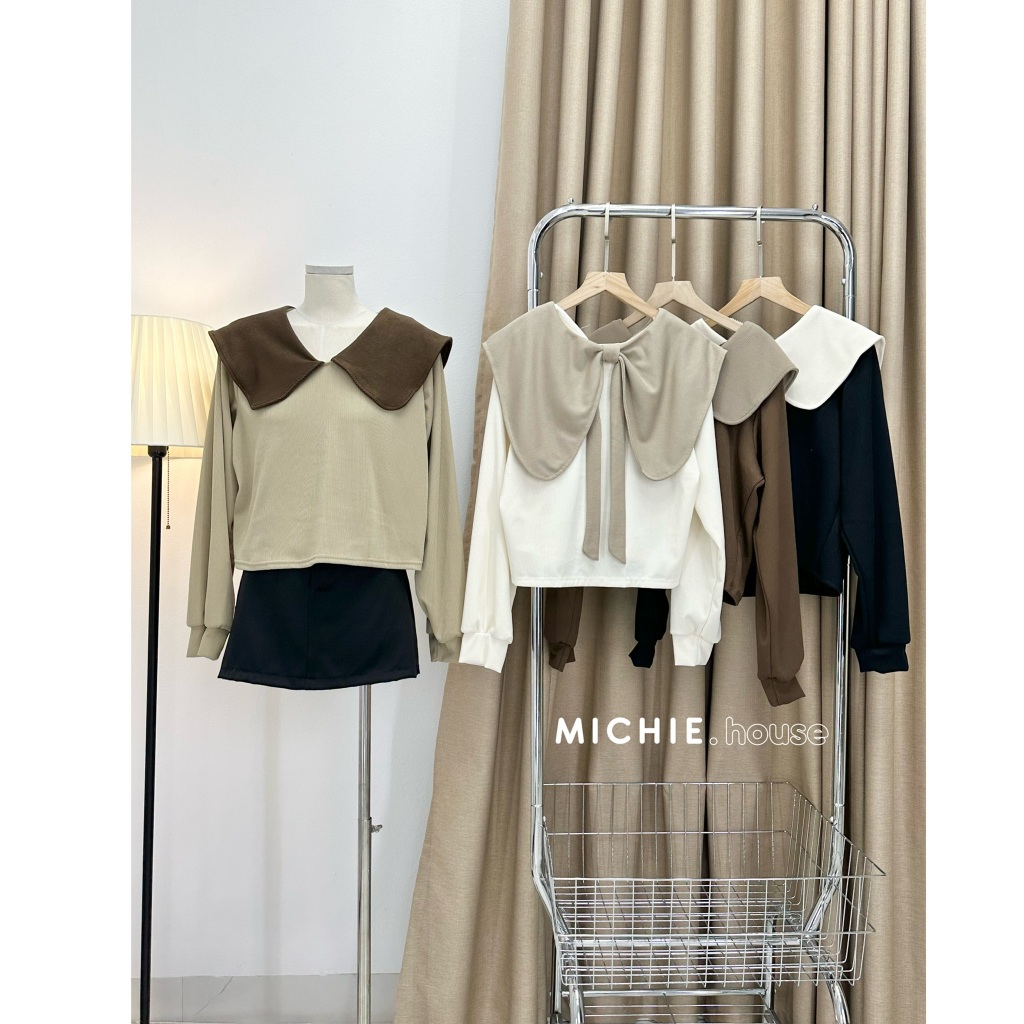 Áo Sơ Mi Dài Tay Cổ Sen Phối Màu Mặc 2 Kiểu michie.house Chất Thun Tăm Trơn Thu Đông - A345