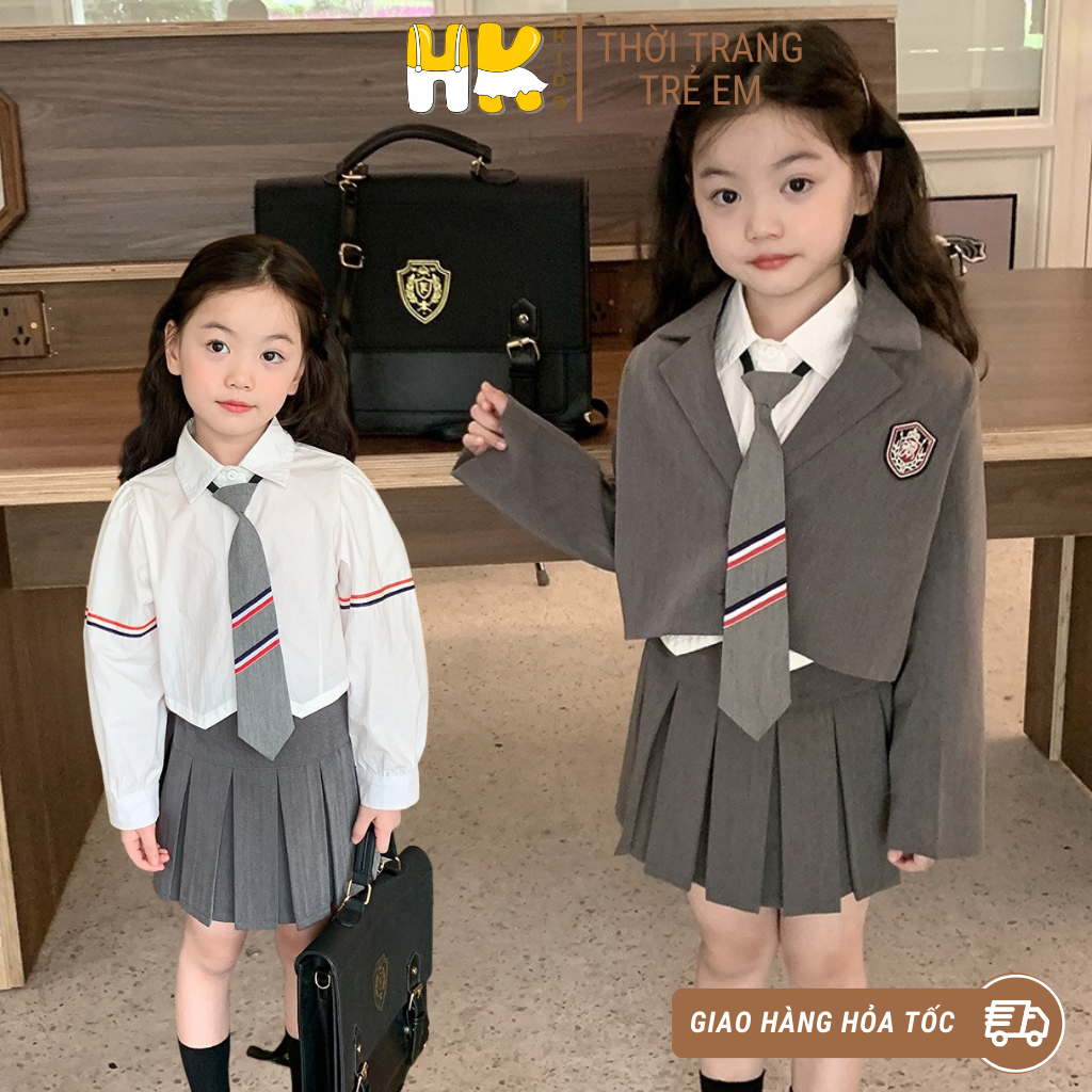 Set 3 chi tiết sơ mi, chân váy, áo vest thời trang Quảng Châu cao cấp mùa thu đông cho bé gái từ 3 đến 12 tuổi