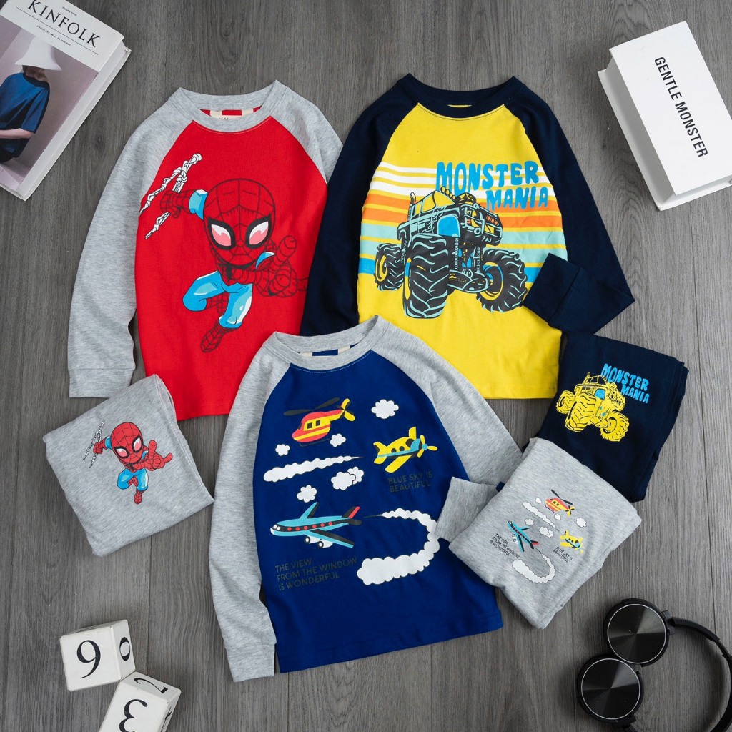 Bộ Dài Tay Raglan Thu Đông Bé Trai, Vải Cotton Xuất Dư Co giãn Mềm Mịn Size 2Y-7Y