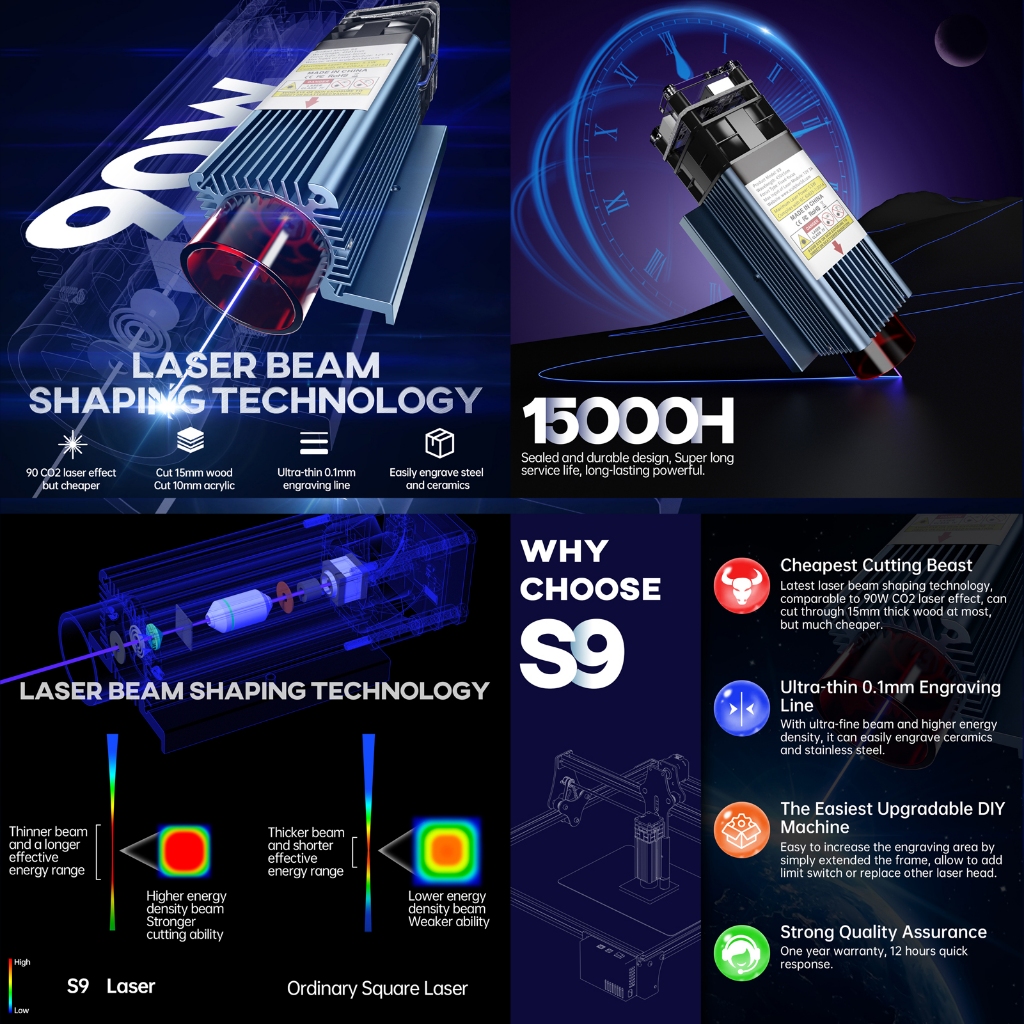 Máy khắc laser 410*420mm, máy khắc laser kim loại SCULPFUN S9 90W - Lấy nét laser siêu mịn 0.06mm - Bảo hành năm năm