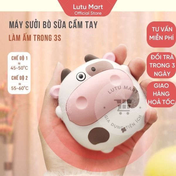Máy Sưởi Mini Cầm Tay 2 Mức Nhiệt Hình Bò Sữa Nhỏ Gọn Làm Ấm Siêu Nhanh - Lutu Mart